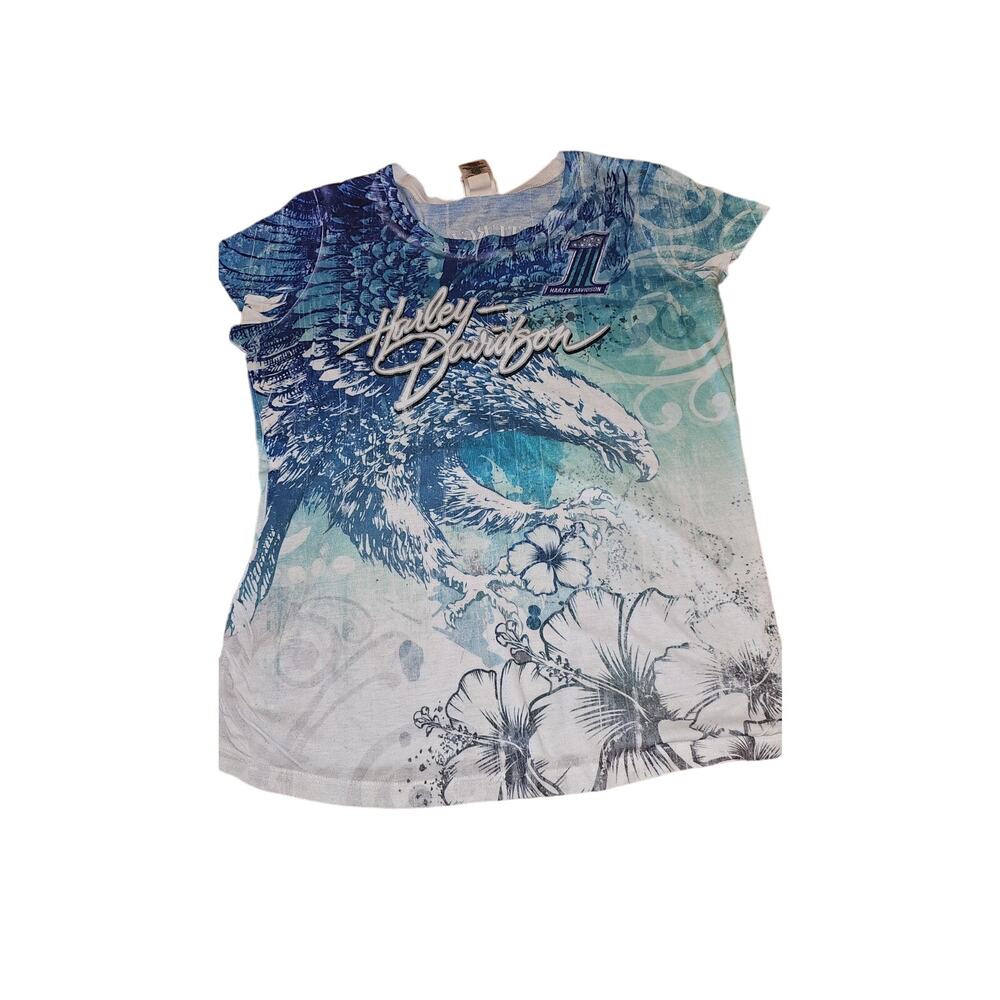 Harley Davidson T-Shirt Women's XL l Blue Eagle Print with‎ flowers